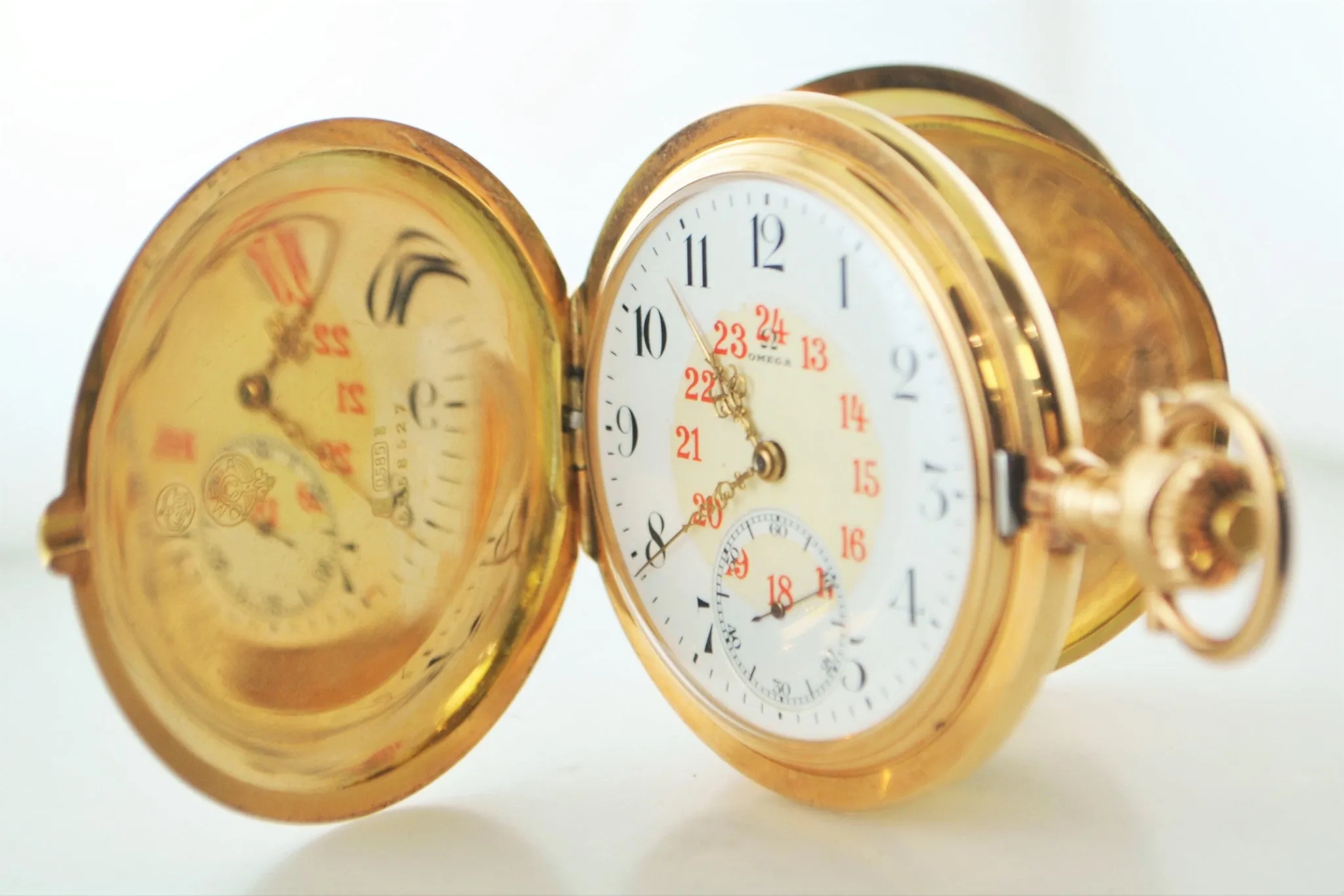 1900 Vintage Triple Signed Omega 14K Yellow Gold Pocket Watch with 24 Hour Arabic Dial - $20K VALUE