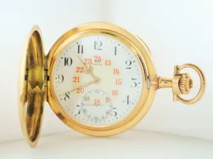 1900 Vintage Triple Signed Omega 14K Yellow Gold Pocket Watch with 24 Hour Arabic Dial - $20K VALUE
