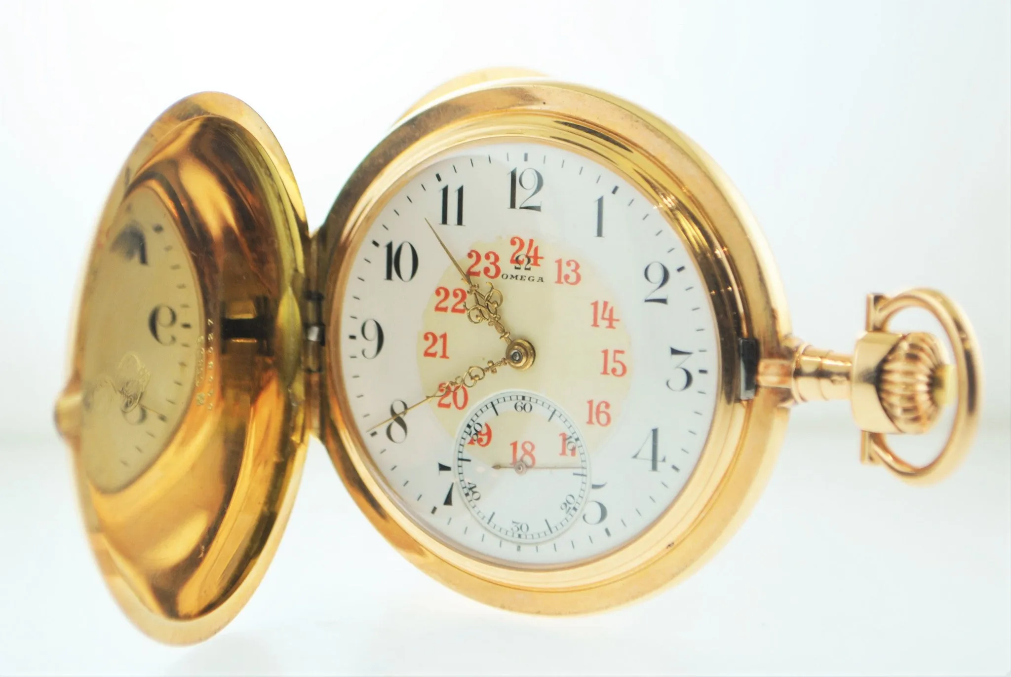 1900 Vintage Triple Signed Omega 14K Yellow Gold Pocket Watch with 24 Hour Arabic Dial - $20K VALUE