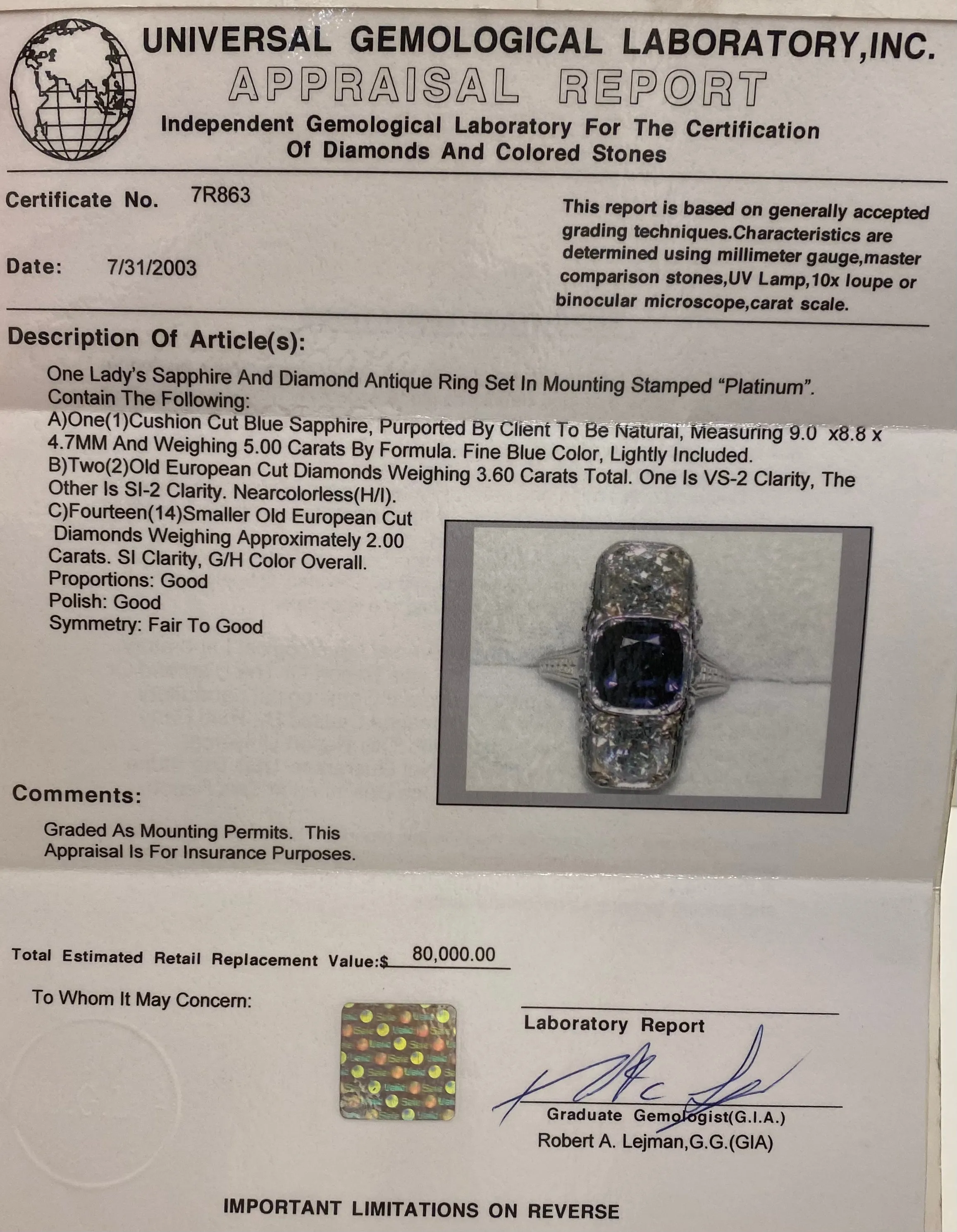 1920's Antique Design Platinum Sapphire & Diamonds Filigree Ring $110K Appraisal Value w/CoA}