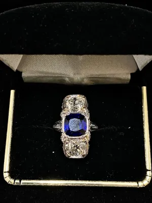 1920's Antique Design Platinum Sapphire & Diamonds Filigree Ring $110K Appraisal Value w/CoA}