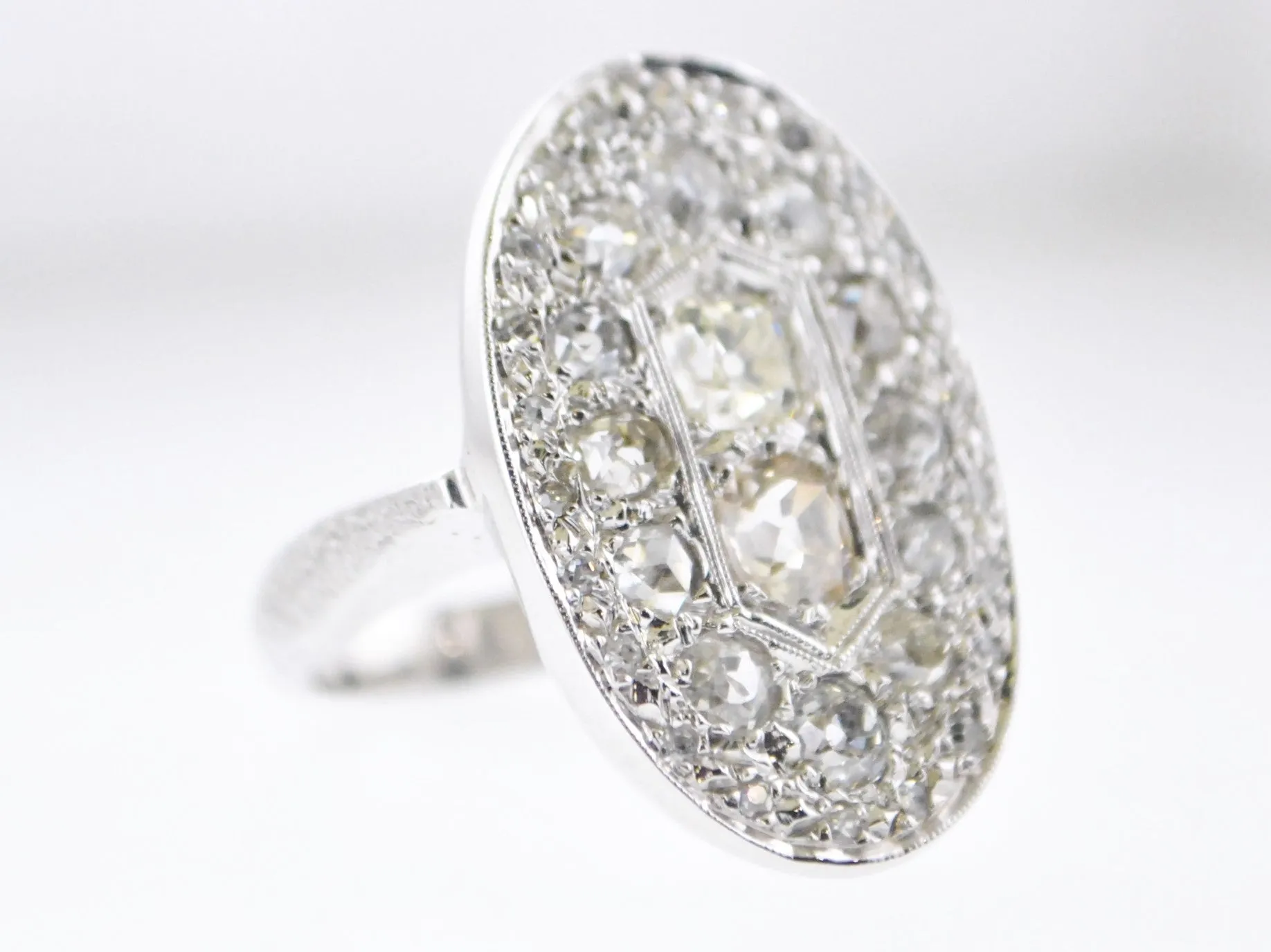 1920s Art Deco Designer Diamond Oval Top Cocktail Ring in White Gold with 3 Carats of Diamonds - $20K VALUE