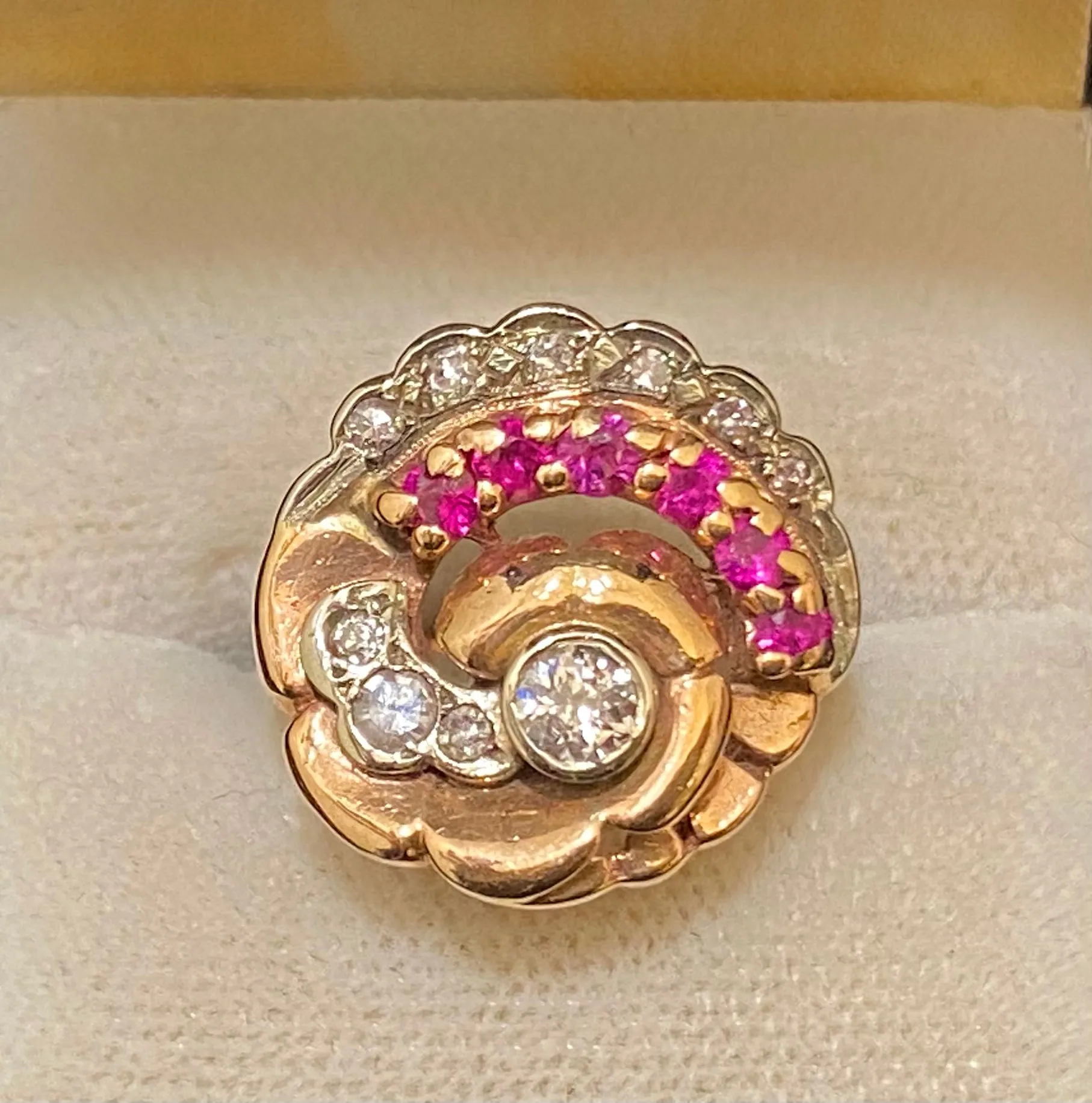 1920's Art Deco Solid Rose Gold Diamond & Ruby Ring - $13K Appraisal Value w/CoA}