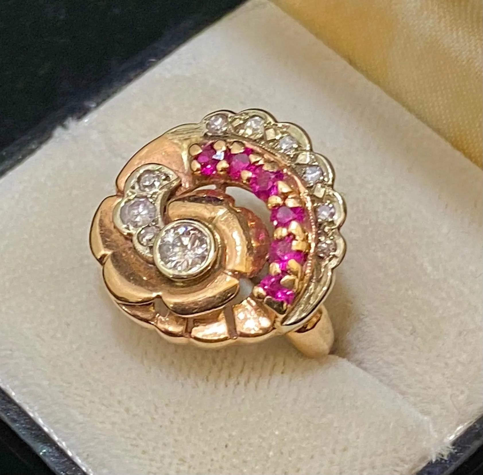 1920's Art Deco Solid Rose Gold Diamond & Ruby Ring - $13K Appraisal Value w/CoA}