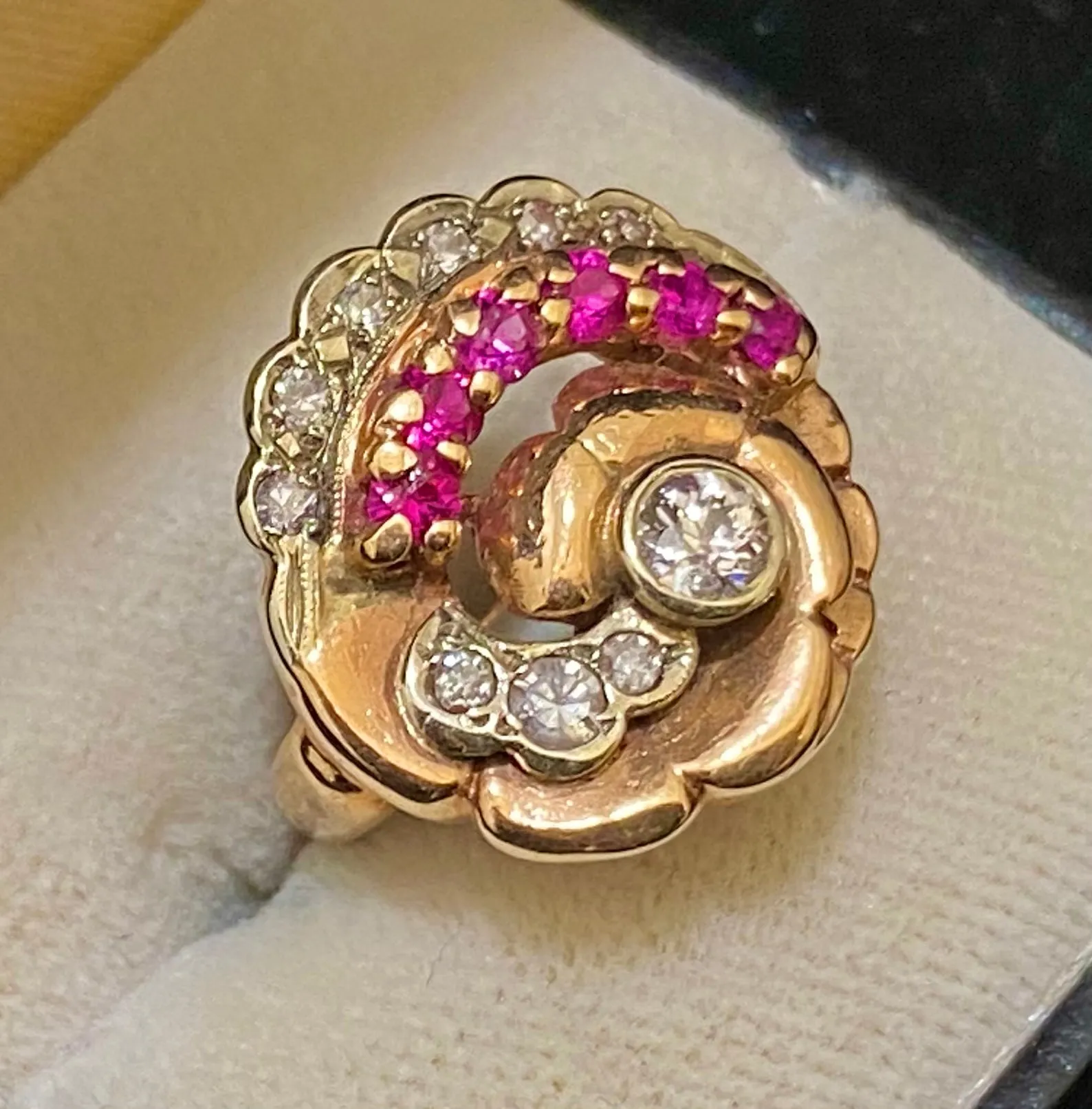 1920's Art Deco Solid Rose Gold Diamond & Ruby Ring - $13K Appraisal Value w/CoA}