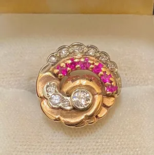 1920's Art Deco Solid Rose Gold Diamond & Ruby Ring - $13K Appraisal Value w/CoA}