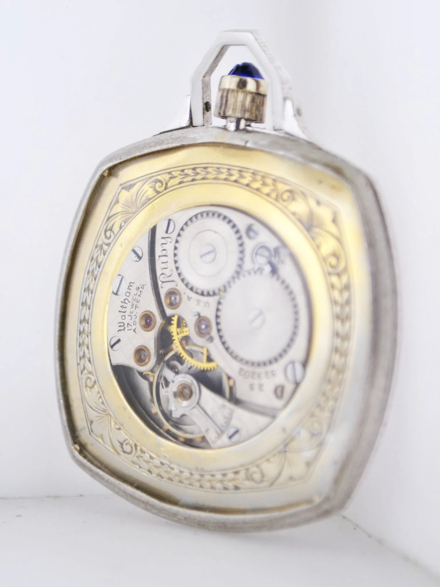 1920's Waltham Pocket Watch Ultra Thin Platinum with Skeleton Back Cushion-Shaped Diamond Bezel Engraved 17J - $20K VALUE
