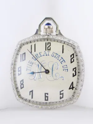 1920's Waltham Pocket Watch Ultra Thin Platinum with Skeleton Back Cushion-Shaped Diamond Bezel Engraved 17J - $20K VALUE