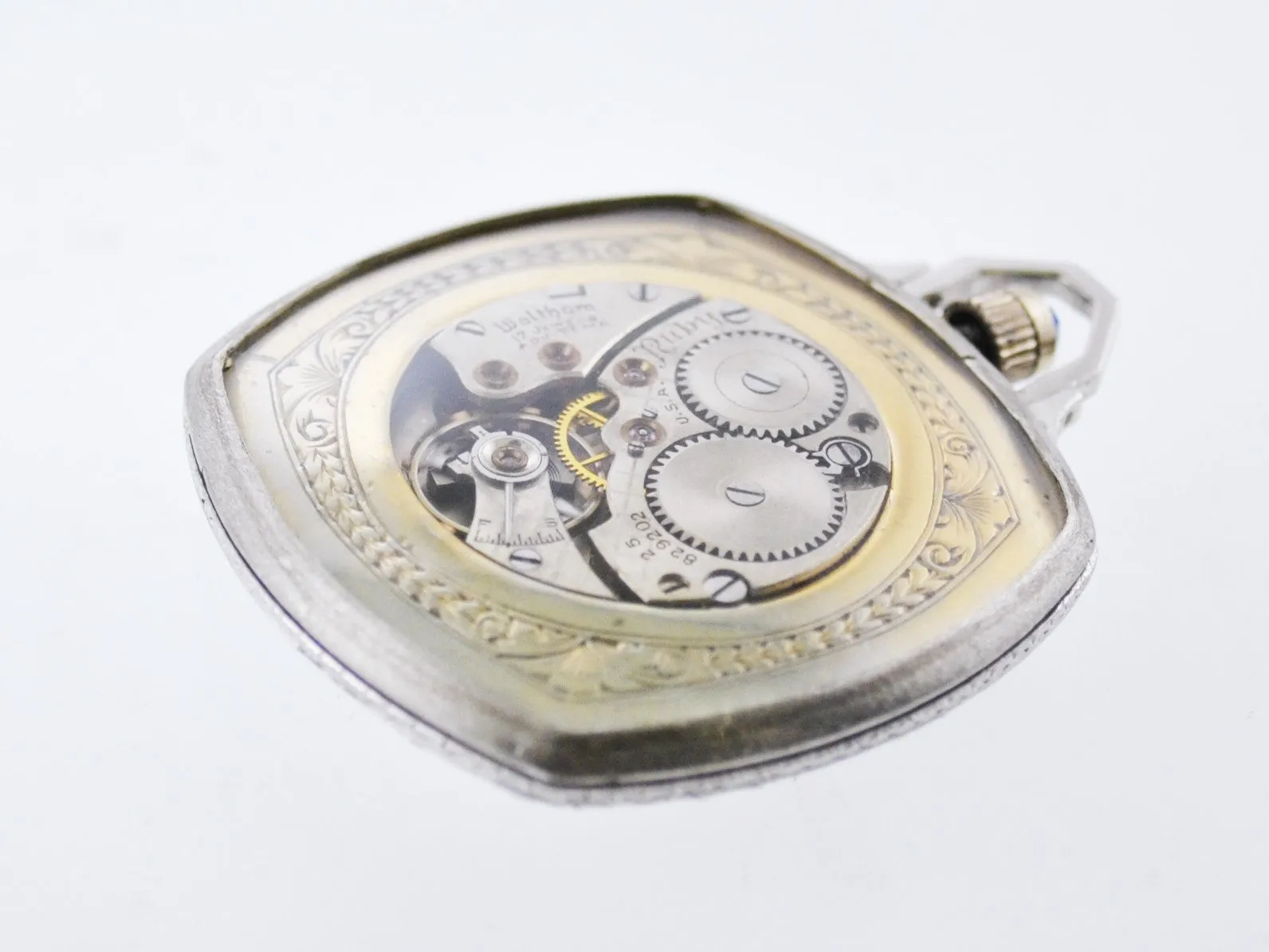 1920's Waltham Pocket Watch Ultra Thin Platinum with Skeleton Back Cushion-Shaped Diamond Bezel Engraved 17J - $20K VALUE