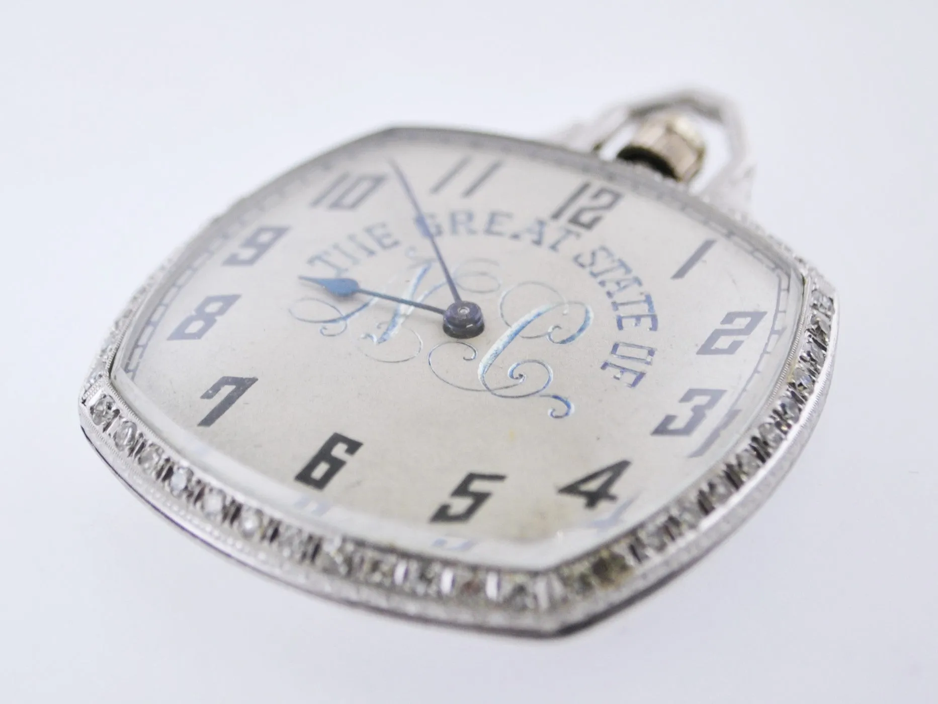 1920's Waltham Pocket Watch Ultra Thin Platinum with Skeleton Back Cushion-Shaped Diamond Bezel Engraved 17J - $20K VALUE