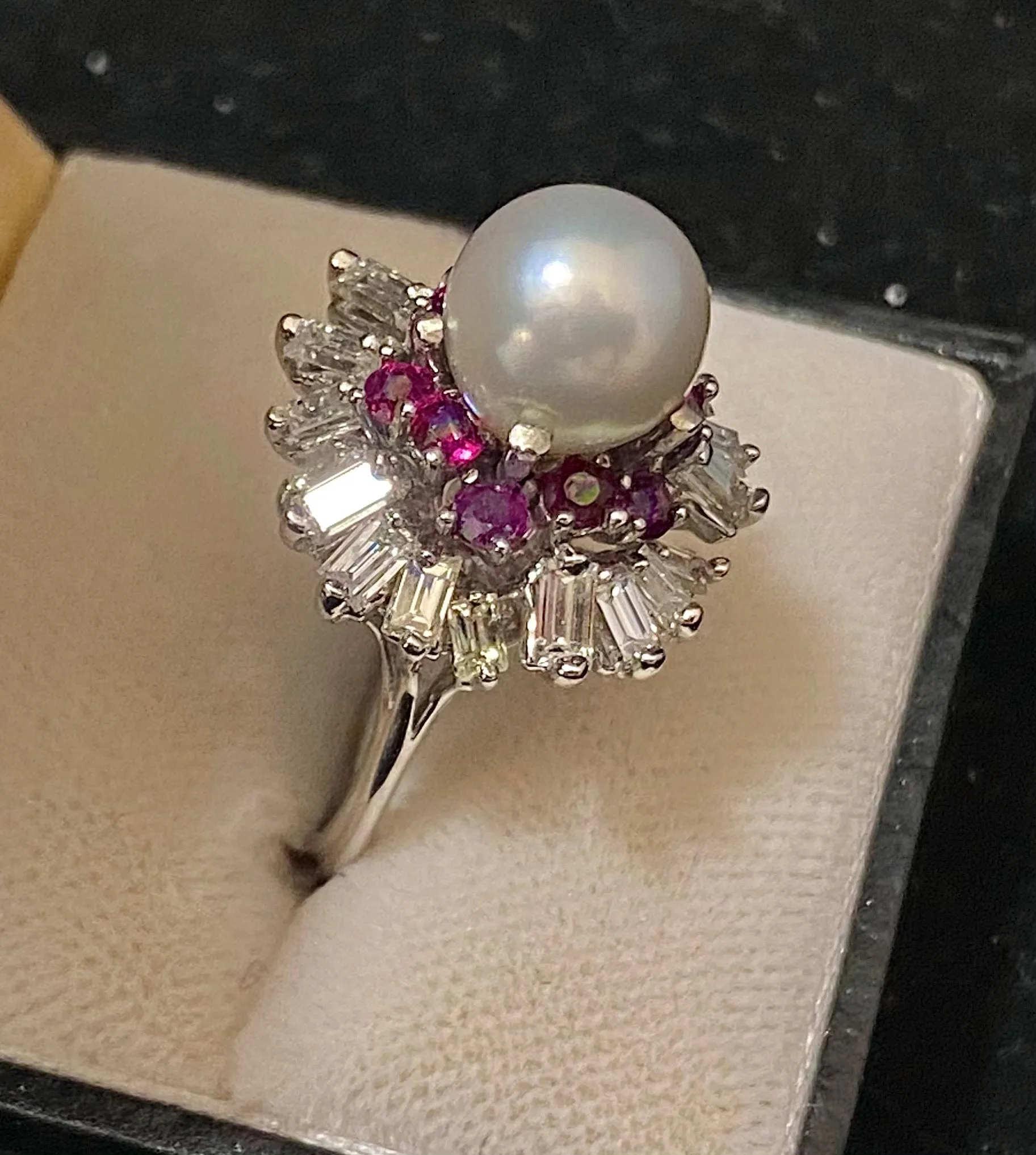 1940s Antique 18K White Gold Pearl, Diamond, & Ruby Ring - $20K Appraisal Value w/CoA}
