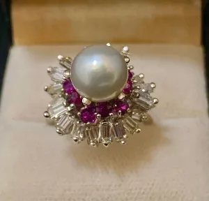 1940s Antique 18K White Gold Pearl, Diamond, & Ruby Ring - $20K Appraisal Value w/CoA}