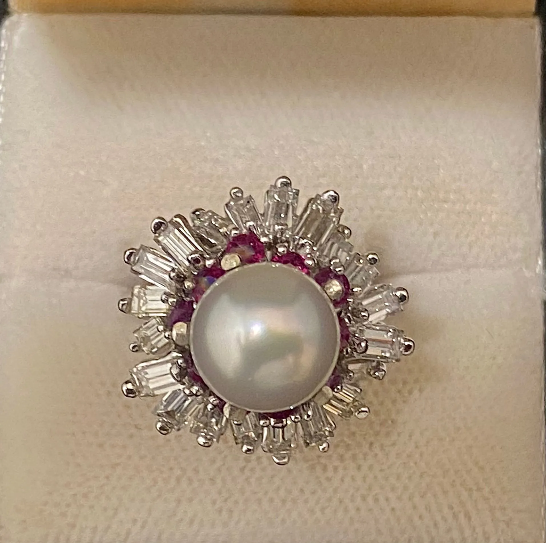 1940s Antique 18K White Gold Pearl, Diamond, & Ruby Ring - $20K Appraisal Value w/CoA}