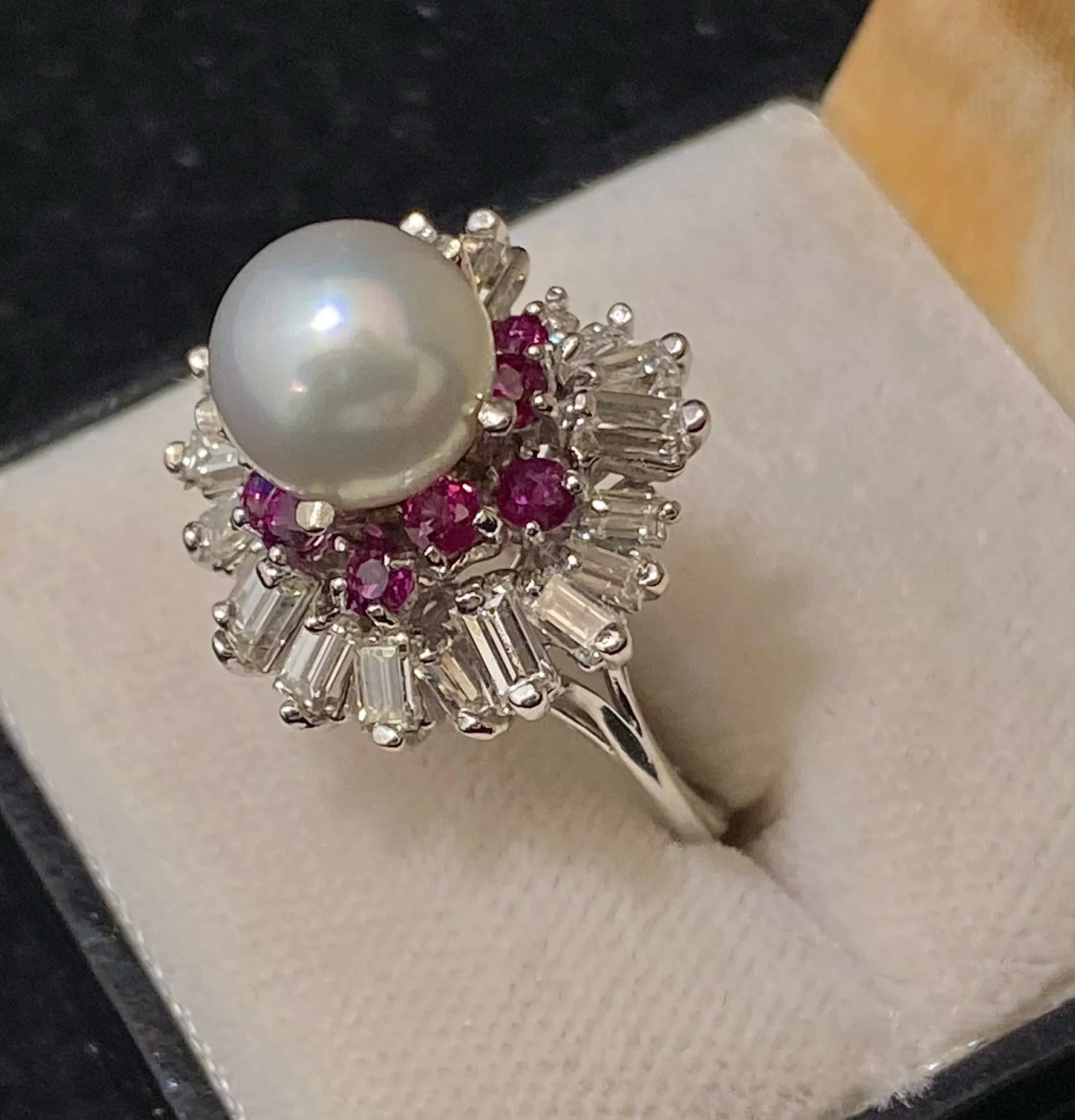 1940s Antique 18K White Gold Pearl, Diamond, & Ruby Ring - $20K Appraisal Value w/CoA}
