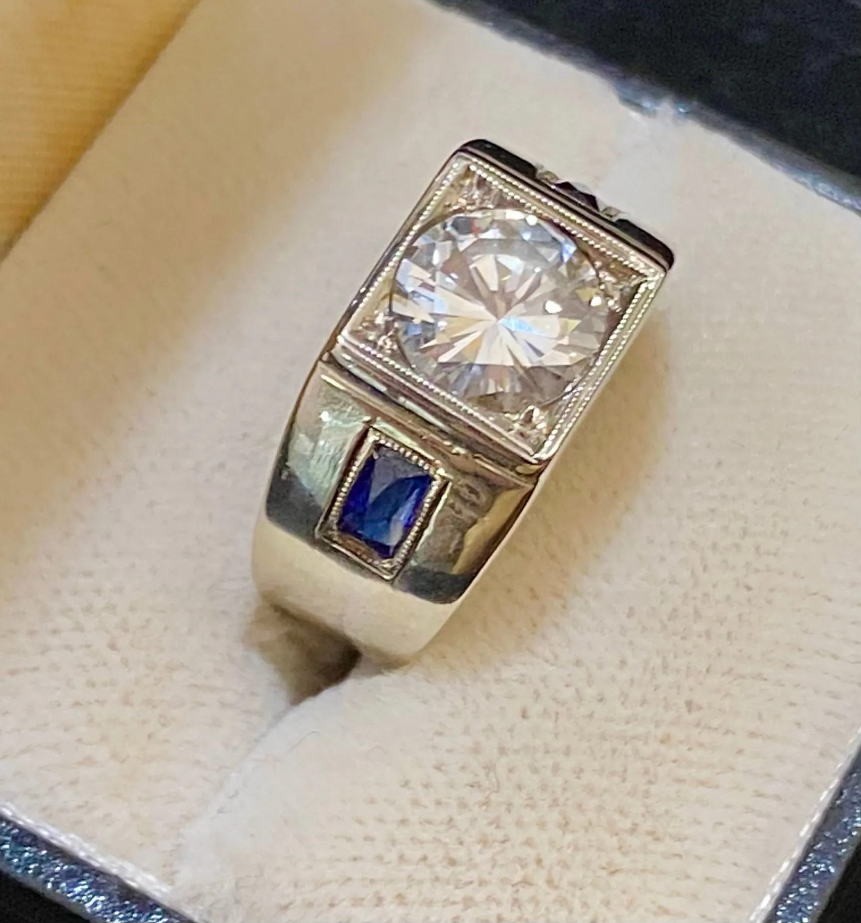 1940's Antique Solid White Gold 2 Ct. Diamond & Sapphire Ring - $75K Appraisal Value w/CoA}