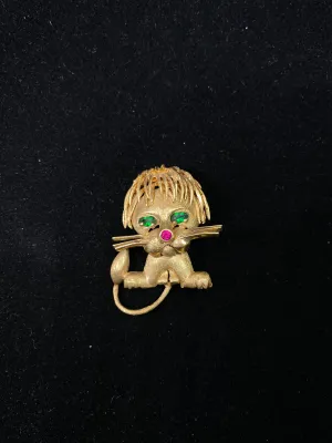 1940’s Designer Solid Yellow Gold Lion Brooch/Pin w/ Emerald & Ruby - $10K Appraisal Value w/CoA}