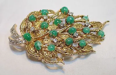 1950s Vintage Emerald & Diamond Floral Leaf Spray Brooch/Pendant in 18K Yellow Gold - $20K VALUE