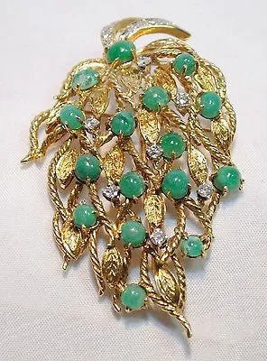 1950s Vintage Emerald & Diamond Floral Leaf Spray Brooch/Pendant in 18K Yellow Gold - $20K VALUE