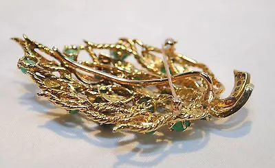 1950s Vintage Emerald & Diamond Floral Leaf Spray Brooch/Pendant in 18K Yellow Gold - $20K VALUE