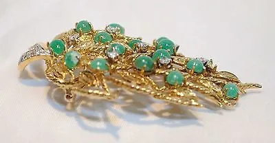 1950s Vintage Emerald & Diamond Floral Leaf Spray Brooch/Pendant in 18K Yellow Gold - $20K VALUE