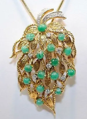 1950s Vintage Emerald & Diamond Floral Leaf Spray Brooch/Pendant in 18K Yellow Gold - $20K VALUE