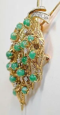 1950s Vintage Emerald & Diamond Floral Leaf Spray Brooch/Pendant in 18K Yellow Gold - $20K VALUE