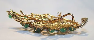 1950s Vintage Emerald & Diamond Floral Leaf Spray Brooch/Pendant in 18K Yellow Gold - $20K VALUE