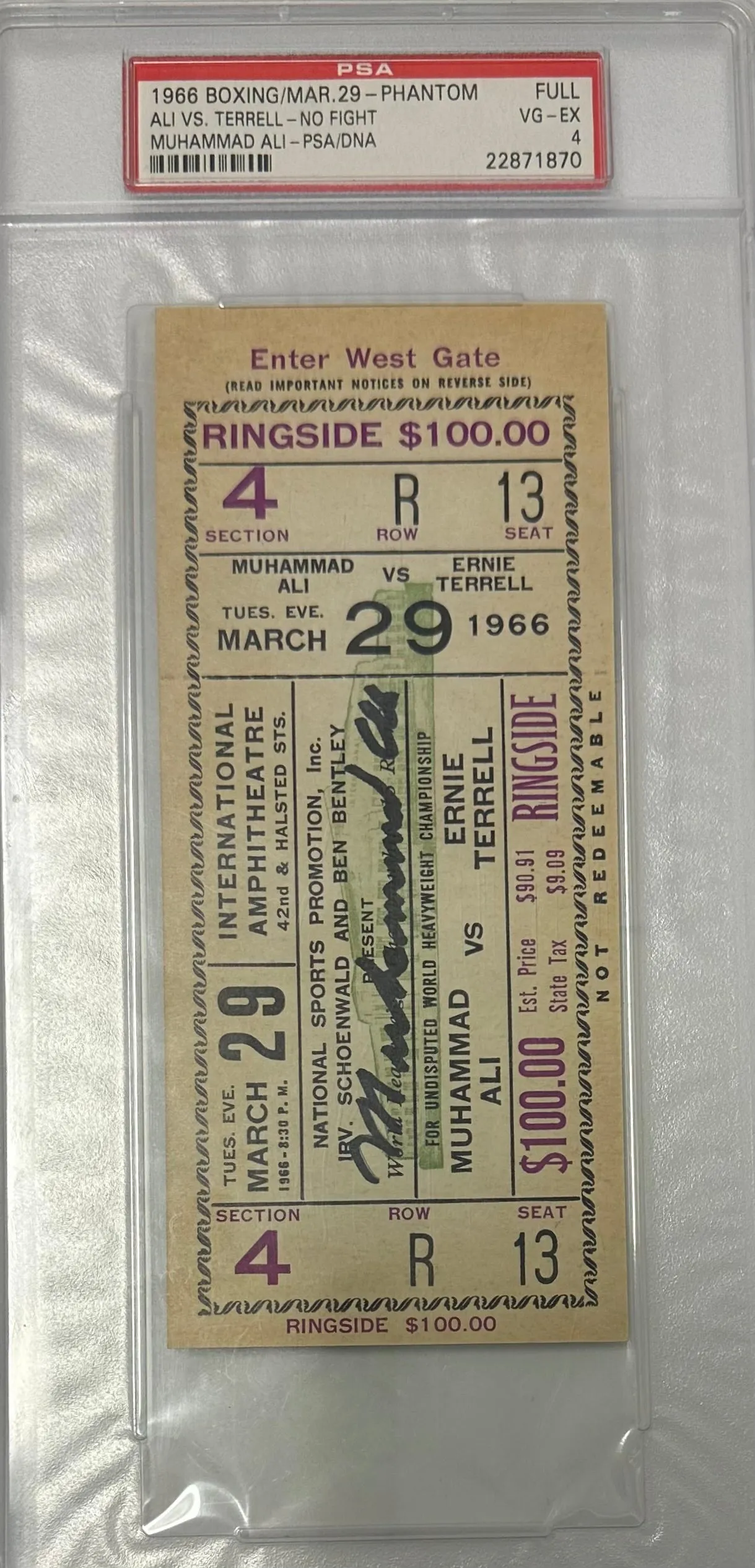 1966 SIGNED BOXING PHANTOM TICKET ALI VS ERNIE TERRELL - NO FIGHT -$6K APR w CoA