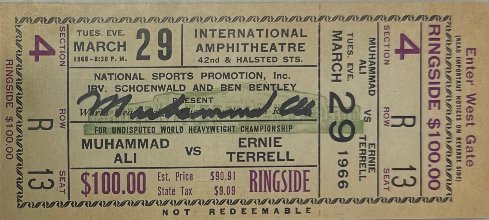 1966 SIGNED BOXING PHANTOM TICKET ALI VS ERNIE TERRELL - NO FIGHT -$6K APR w CoA