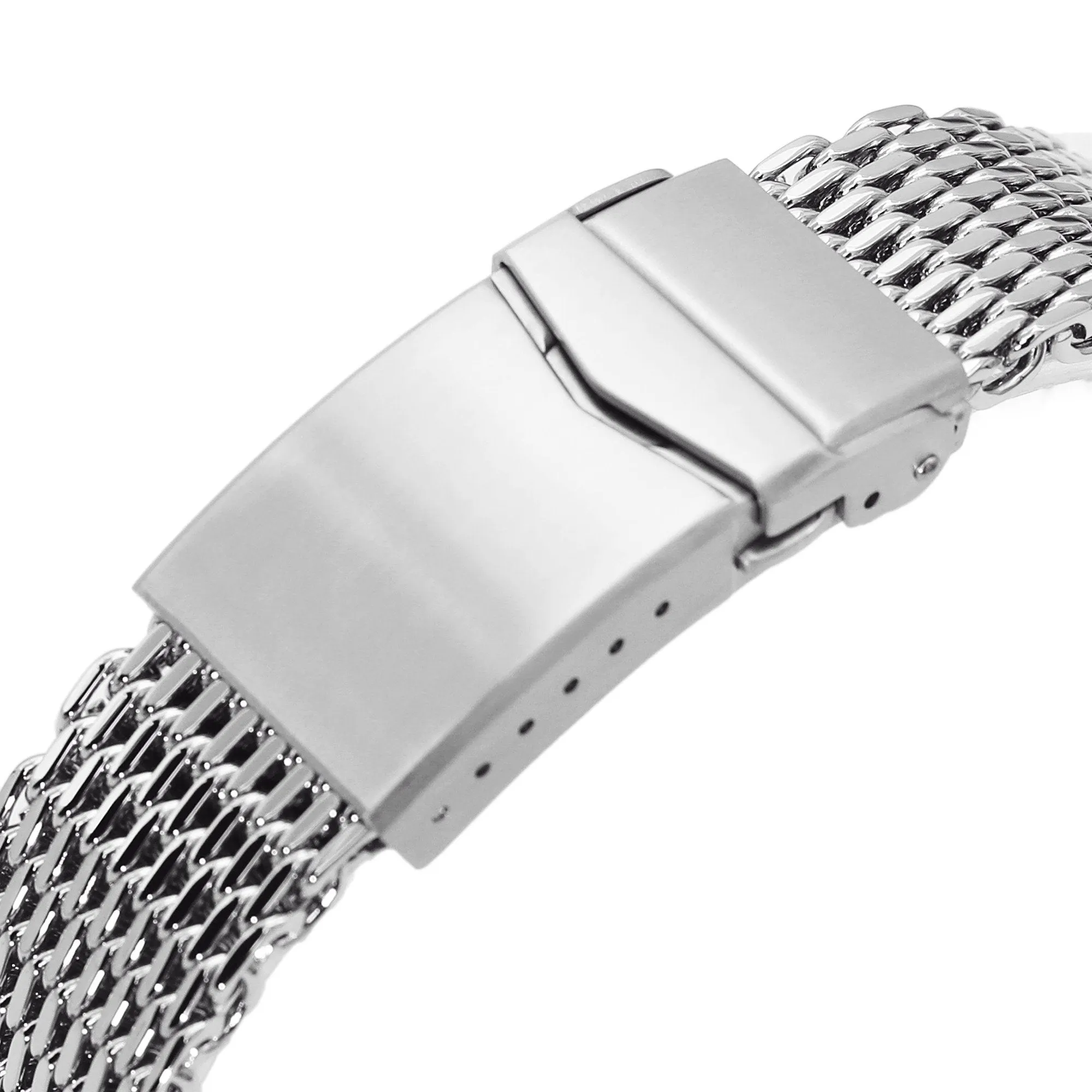 20mm Tapered "SHARK" Mesh Band Stainless Steel Watch Bracelet, V-Clasp, Polished