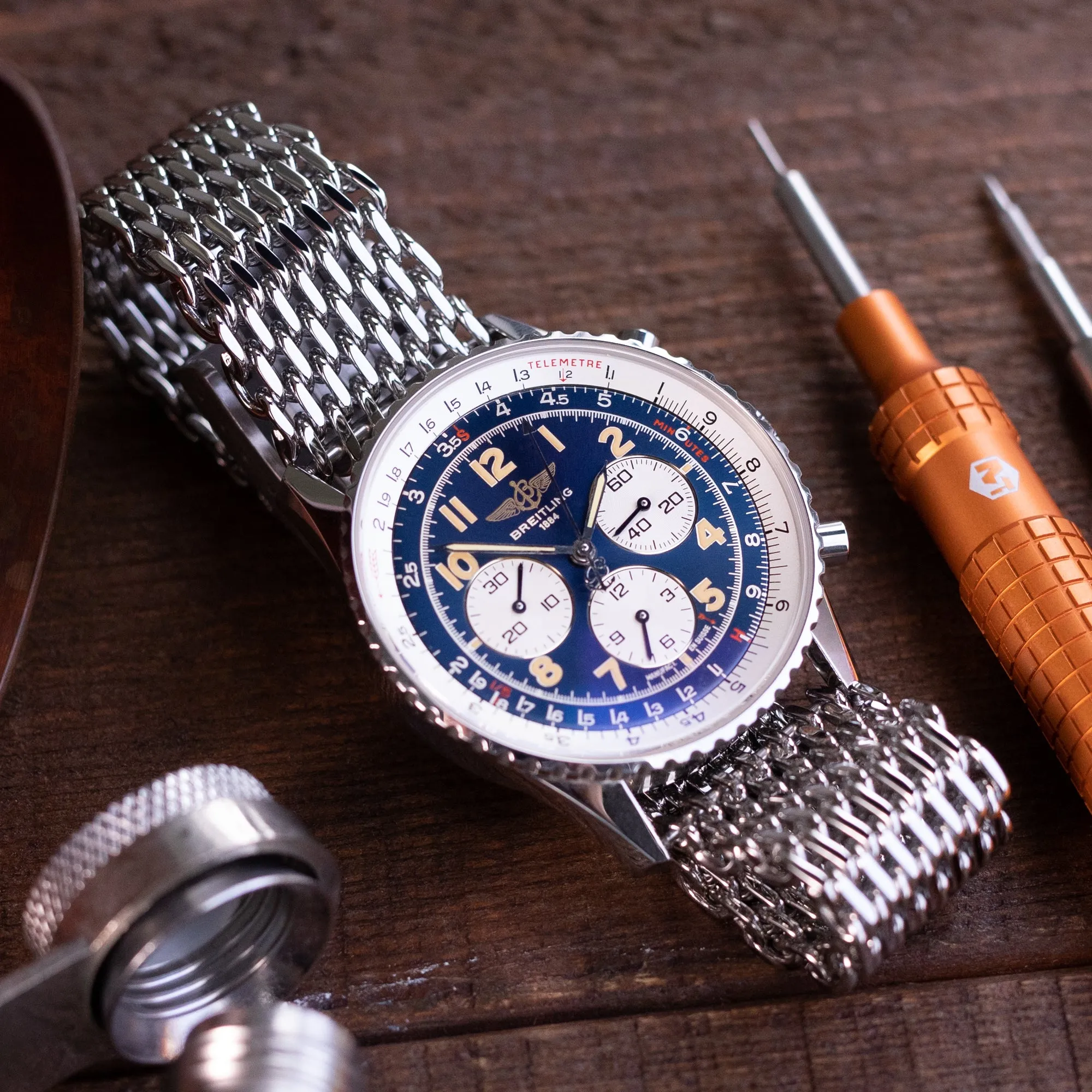 20mm Tapered "SHARK" Mesh Band Stainless Steel Watch Bracelet, V-Clasp, Polished
