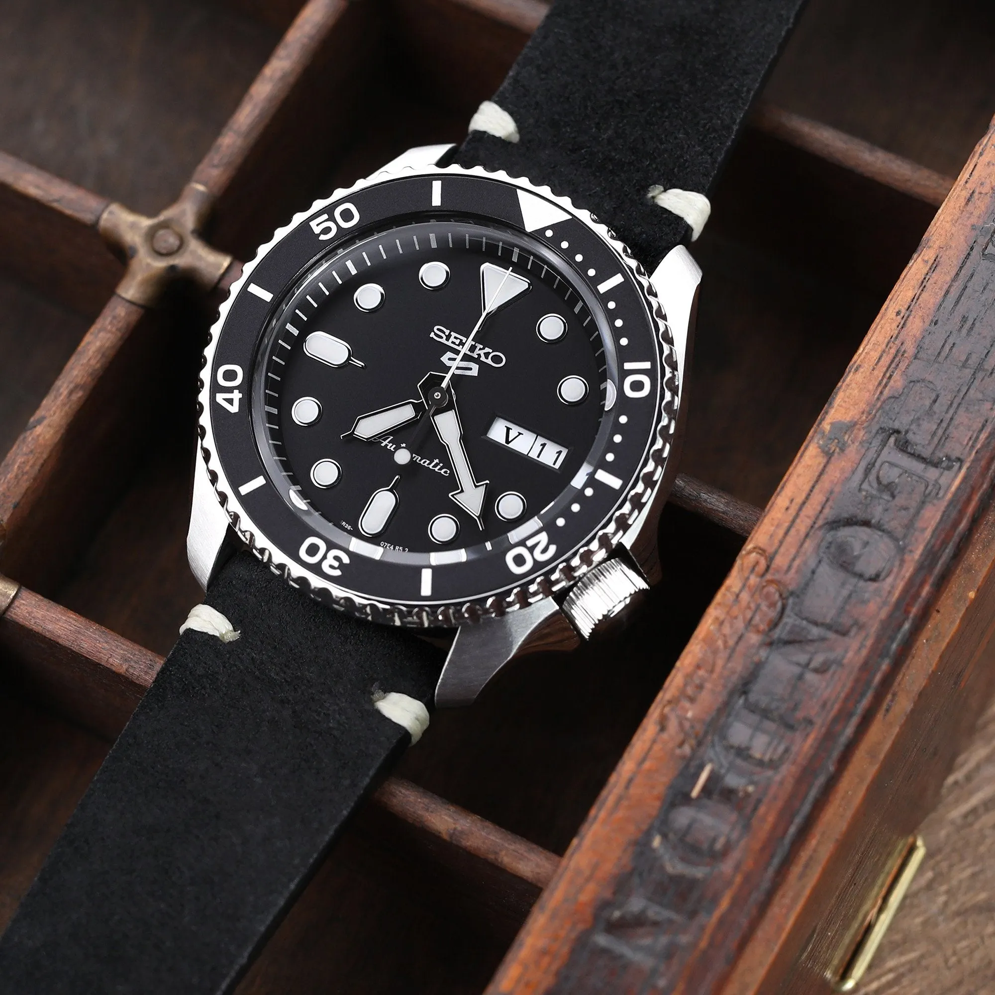 22mm Black Quick Release Italian Suede Leather Strap,  Beige St.