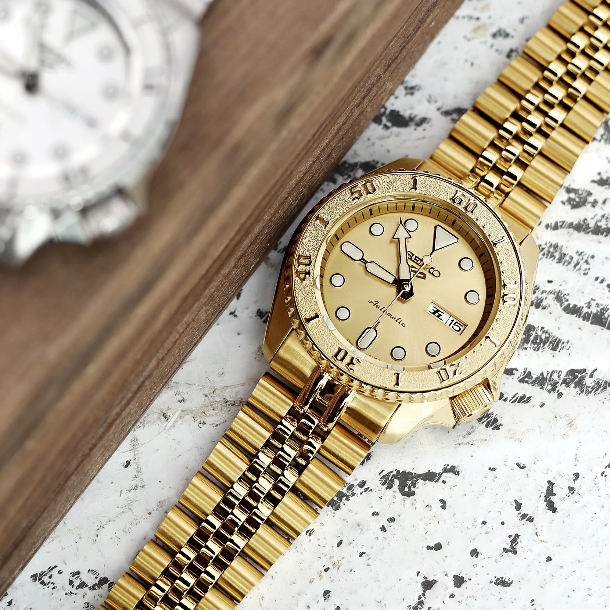 22mm Super-J Louis JUB Watch Band for Seiko 5 Sports 42.5mm SRPE74 SRPE74K SRPE74K1, Stainless Steel - Full IP Gold, SUB Diver Clasp