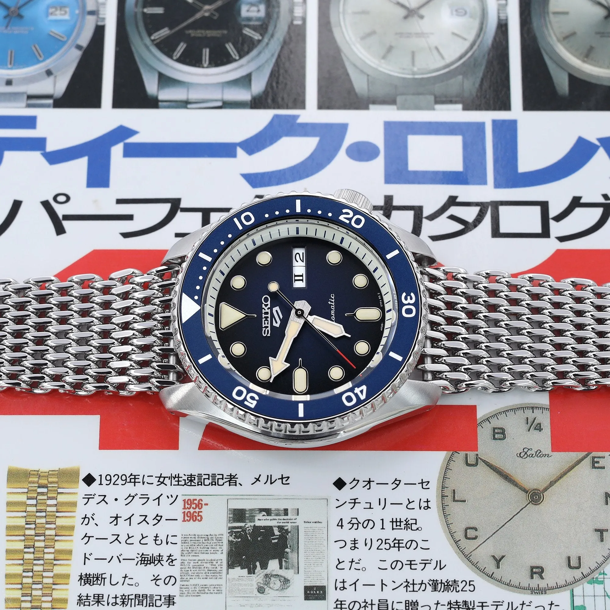 22mm Tapered "SHARK" Mesh Band Stainless Steel Watch Bracelet, V-Clasp, Polished
