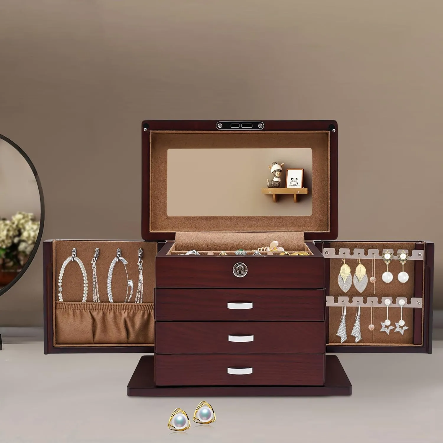 4-Layer Wooden Jewelry Box, Large-Capacity Desktop Organizer with Drawers, Side Doors, Key, and Mirror  Jewelry Cabinet for Rings, Earrings, Necklaces, and Watches for Women and Girls