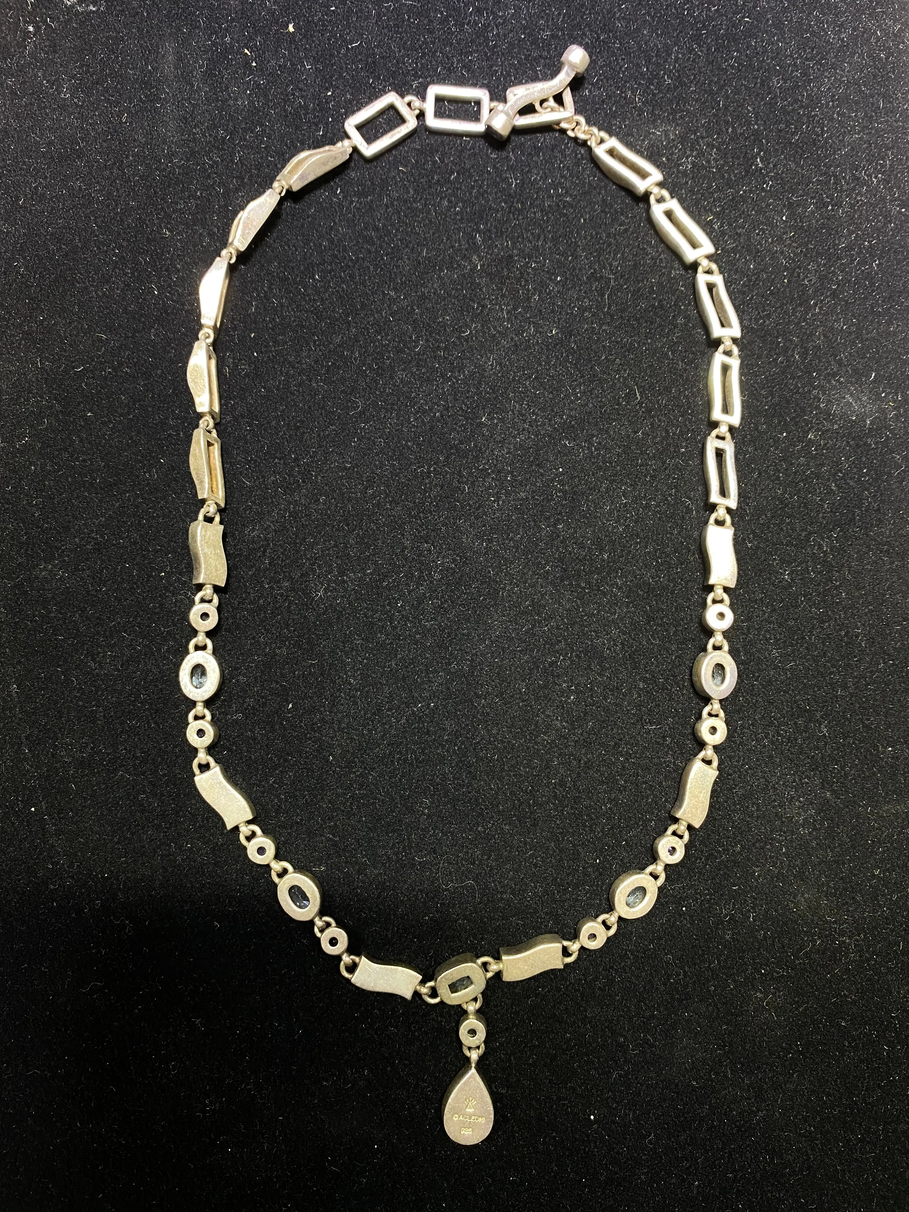 ACLEONI Designer Sterling Silver w 5 Aquamarines 9 Tanzanites & 7 Mother-of-pearl Necklace $4K Appraisal Value w/CoA}