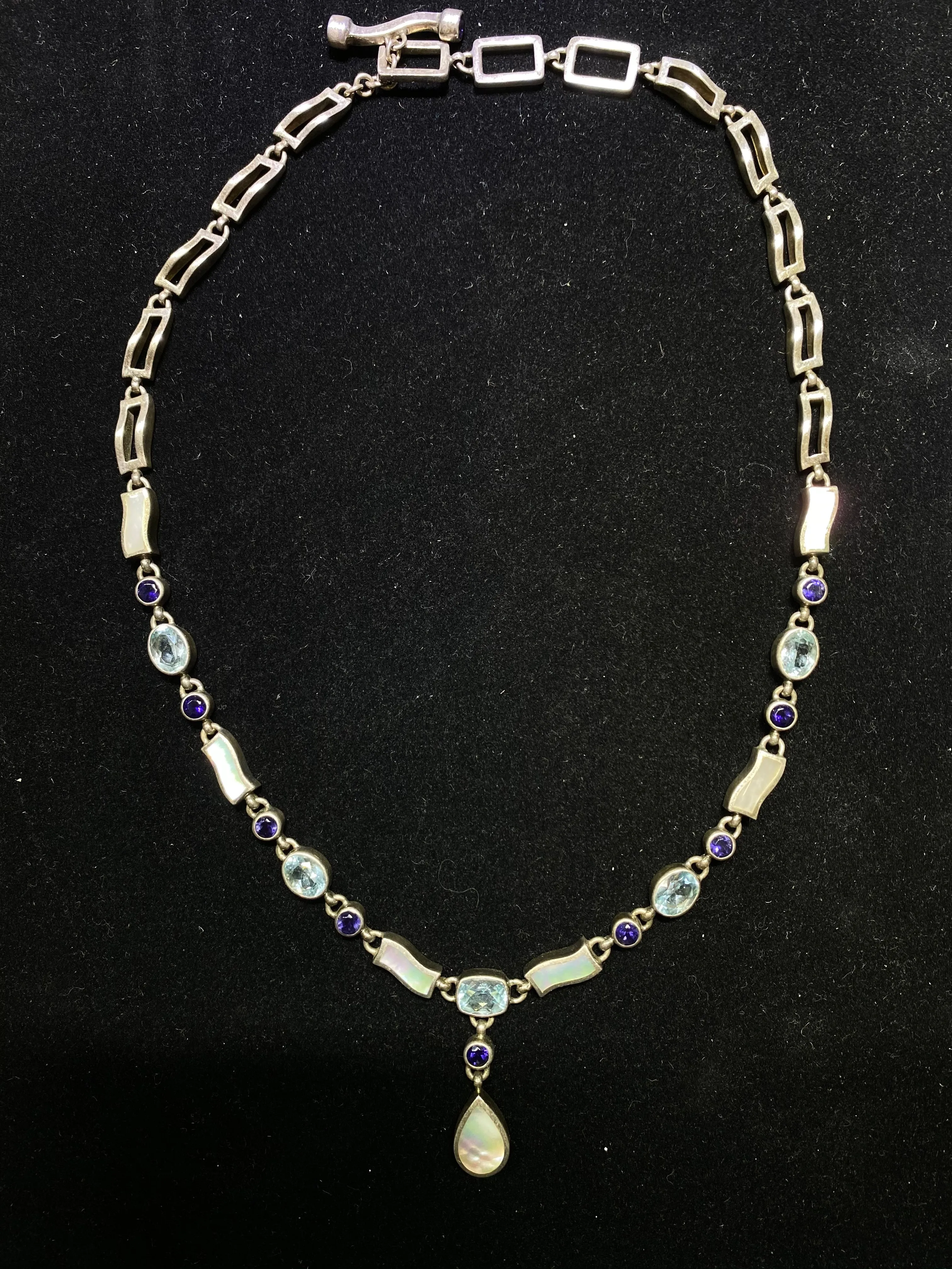 ACLEONI Designer Sterling Silver w 5 Aquamarines 9 Tanzanites & 7 Mother-of-pearl Necklace $4K Appraisal Value w/CoA}