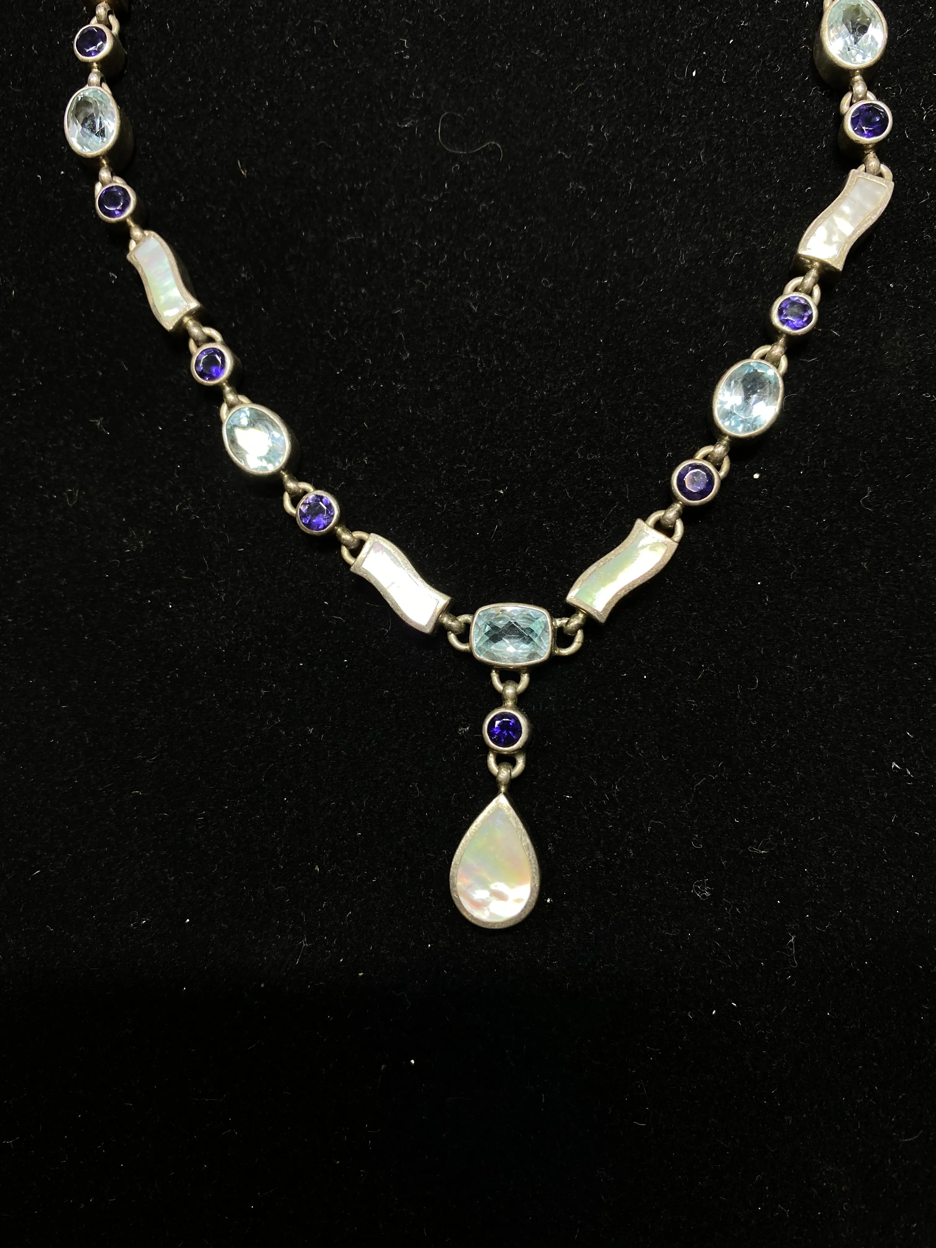 ACLEONI Designer Sterling Silver w 5 Aquamarines 9 Tanzanites & 7 Mother-of-pearl Necklace $4K Appraisal Value w/CoA}