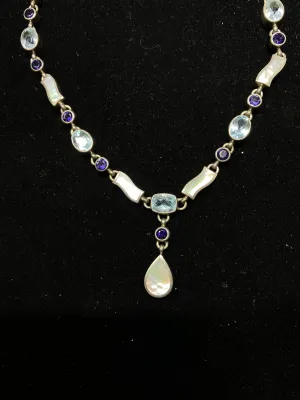 ACLEONI Designer Sterling Silver w 5 Aquamarines 9 Tanzanites & 7 Mother-of-pearl Necklace $4K Appraisal Value w/CoA}
