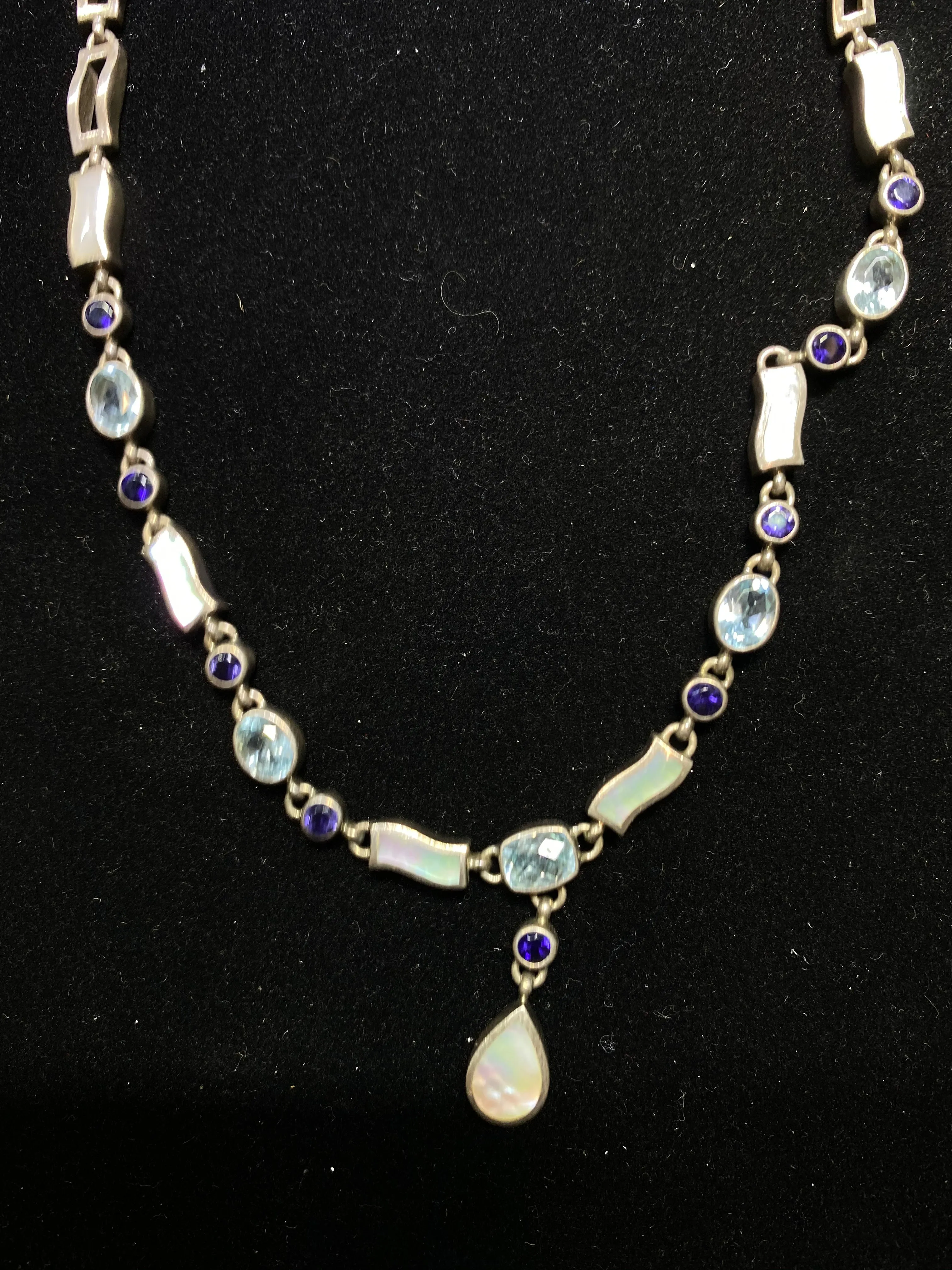 ACLEONI Designer Sterling Silver w 5 Aquamarines 9 Tanzanites & 7 Mother-of-pearl Necklace $4K Appraisal Value w/CoA}