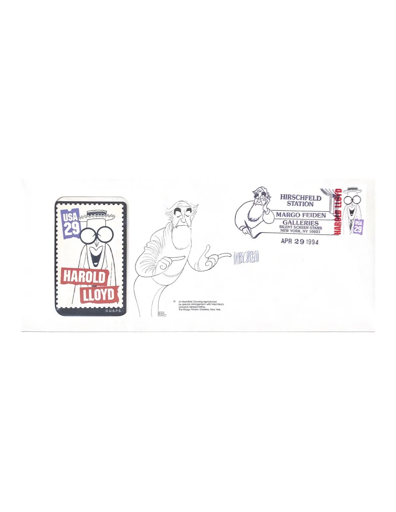Al Hirschfeld Signed First Day Cover of Harold Lloyd - $1K APR Value w/ CoA!