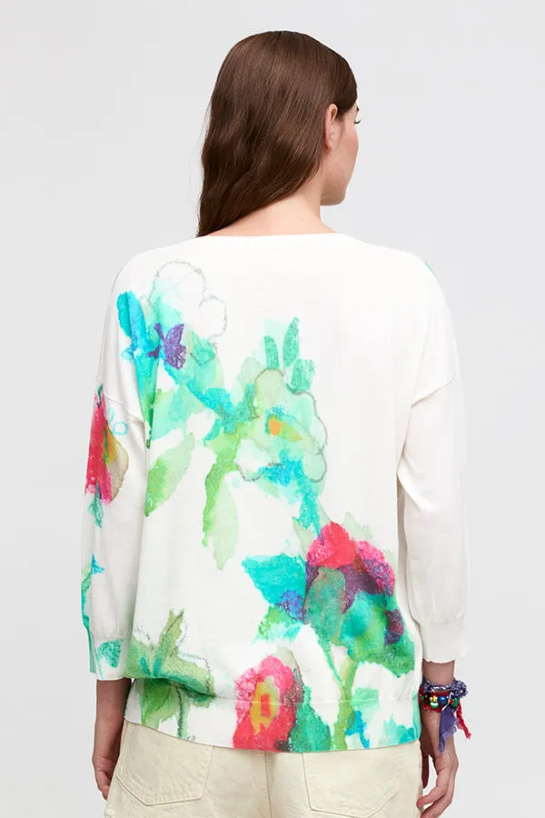 Aldo Martins, Sustainable Cotton, Bray V-Neck Sweater in Pistachio Floral