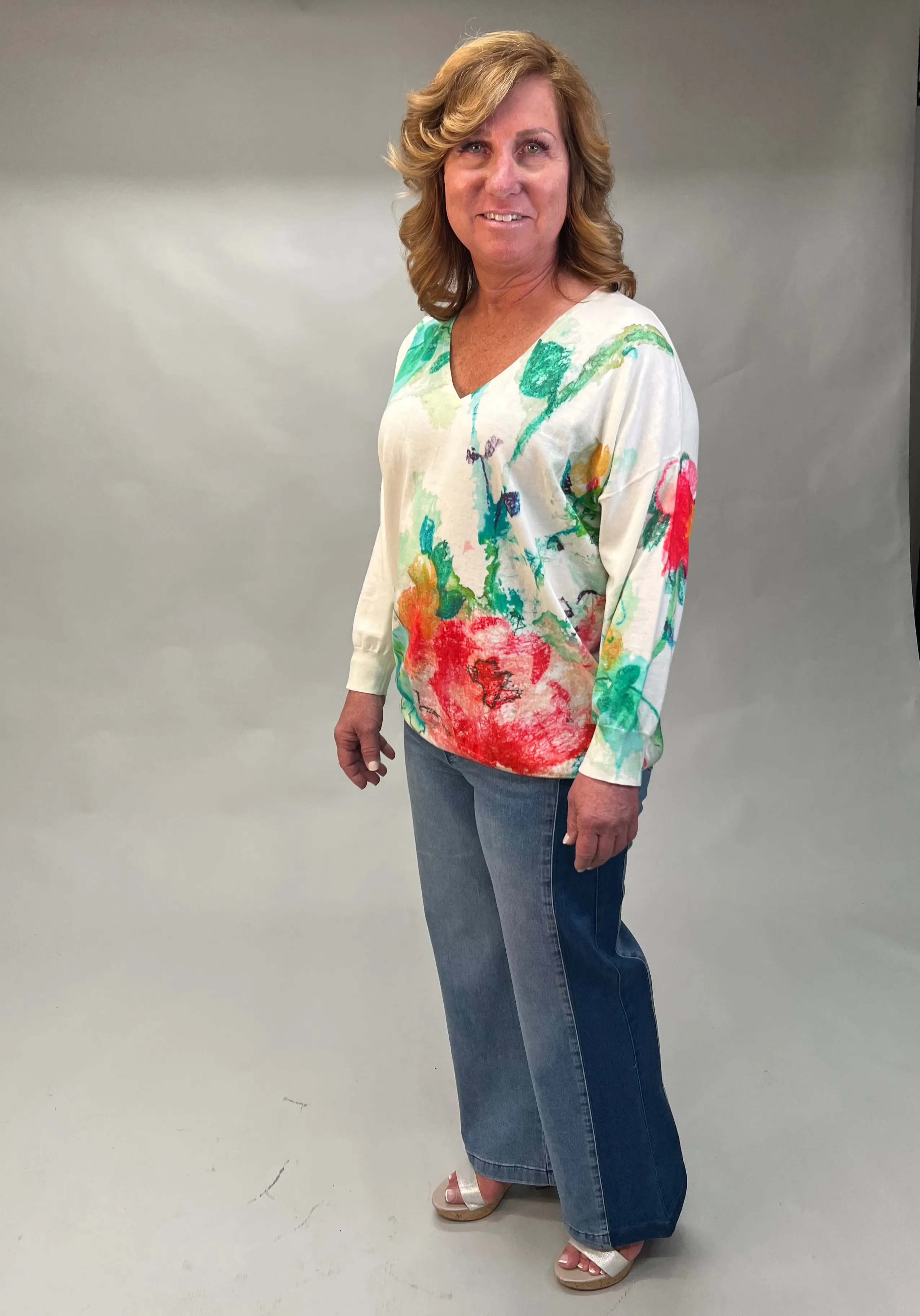 Aldo Martins, Sustainable Cotton, Bray V-Neck Sweater in Pistachio Floral