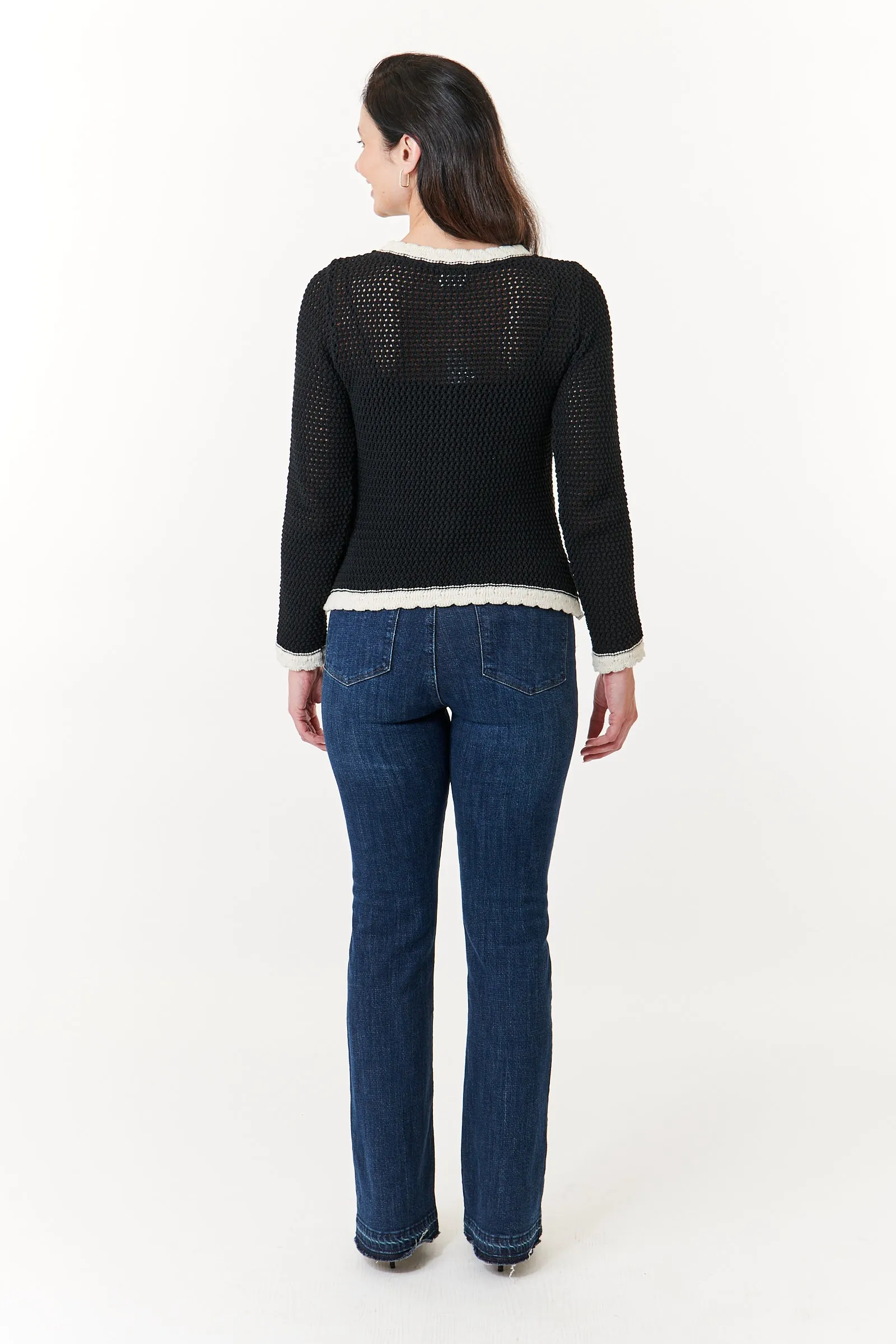 Aldo Martins, Sustainable Knit,  Cotton Ani crochet jacket in Black with ivory trim