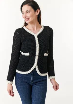 Aldo Martins, Sustainable Knit,  Cotton Ani crochet jacket in Black with ivory trim