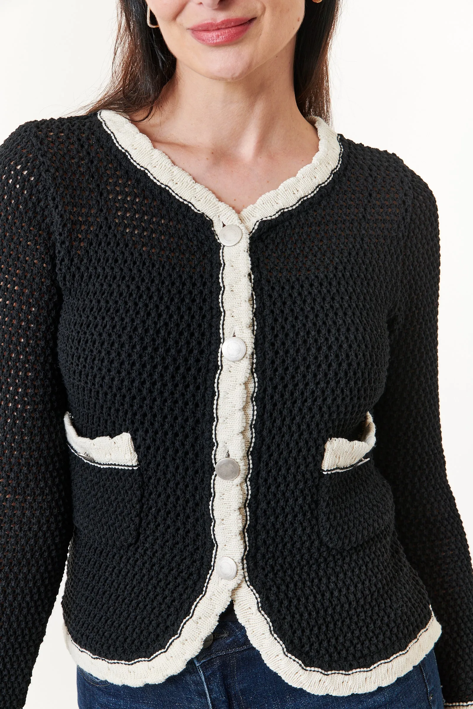 Aldo Martins, Sustainable Knit,  Cotton Ani crochet jacket in Black with ivory trim