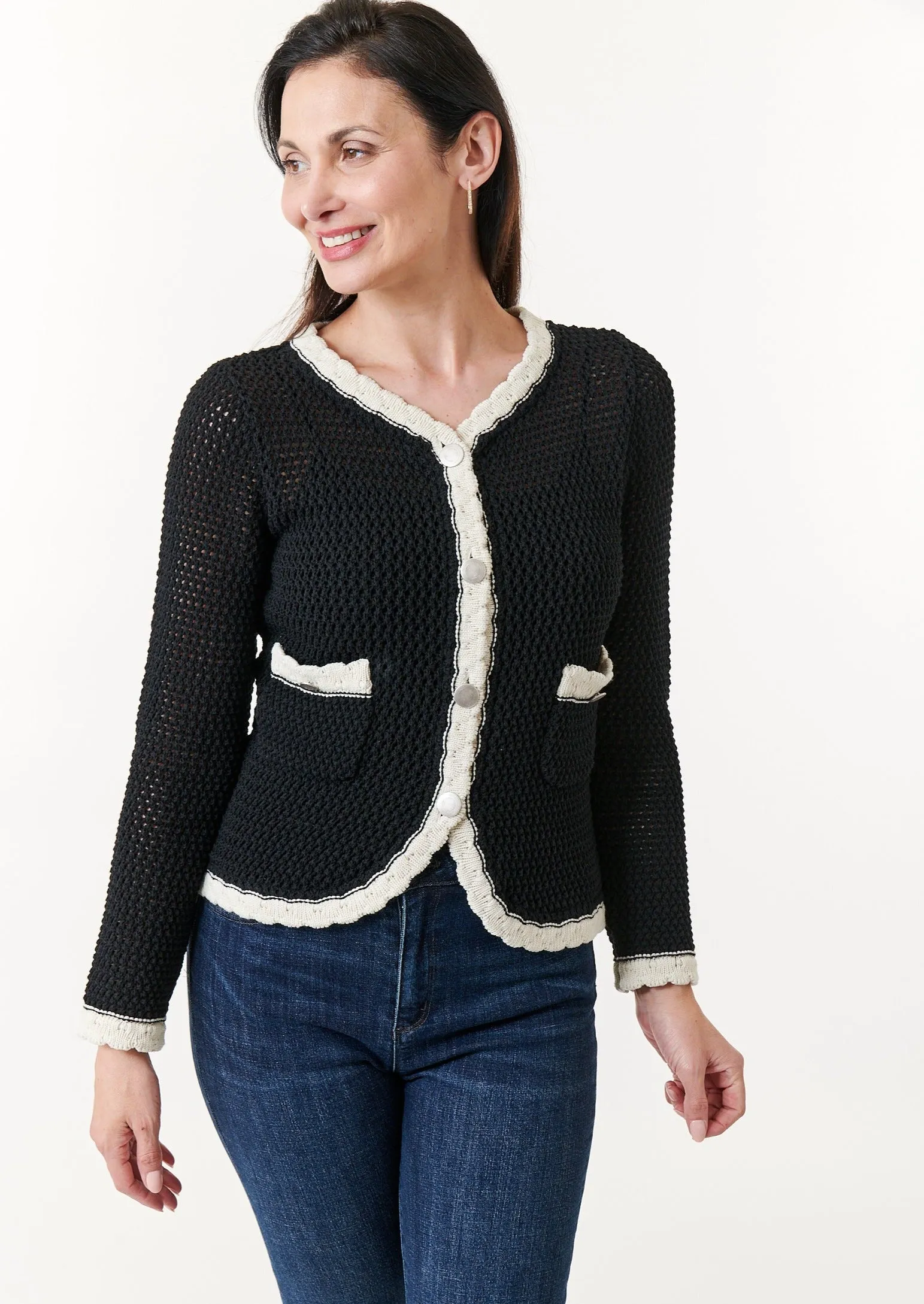 Aldo Martins, Sustainable Knit,  Cotton Ani crochet jacket in Black with ivory trim