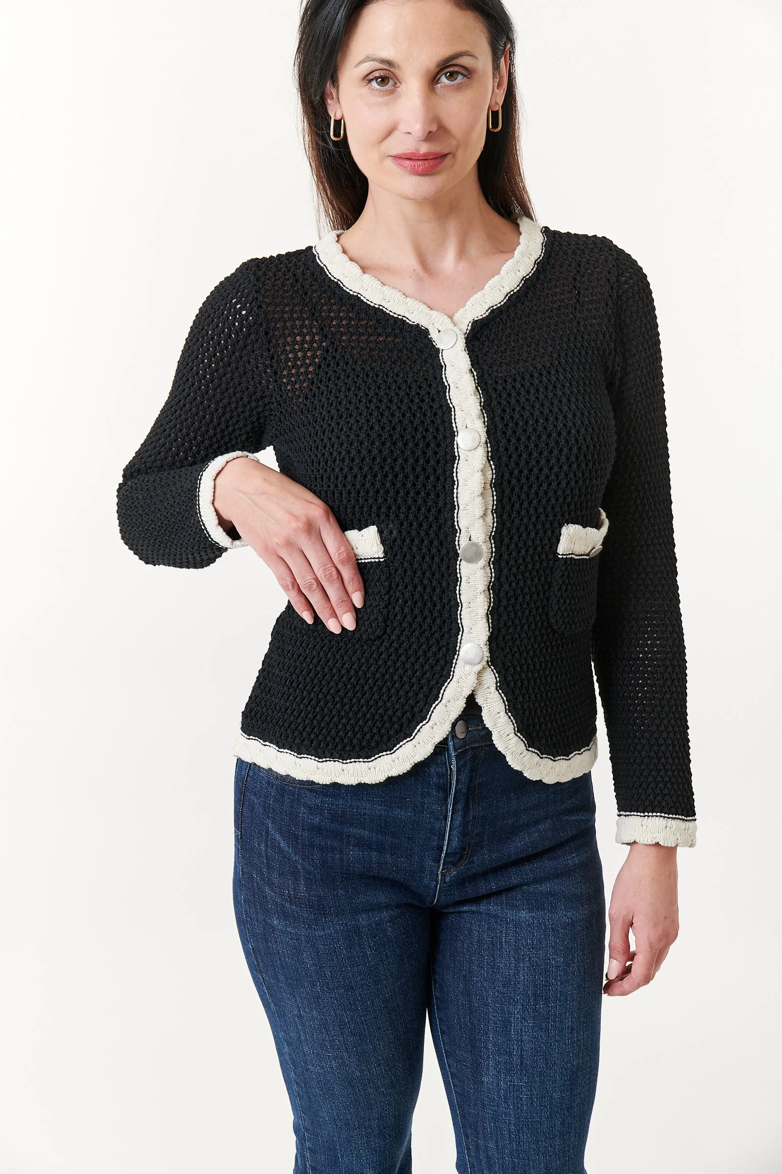 Aldo Martins, Sustainable Knit,  Cotton Ani crochet jacket in Black with ivory trim