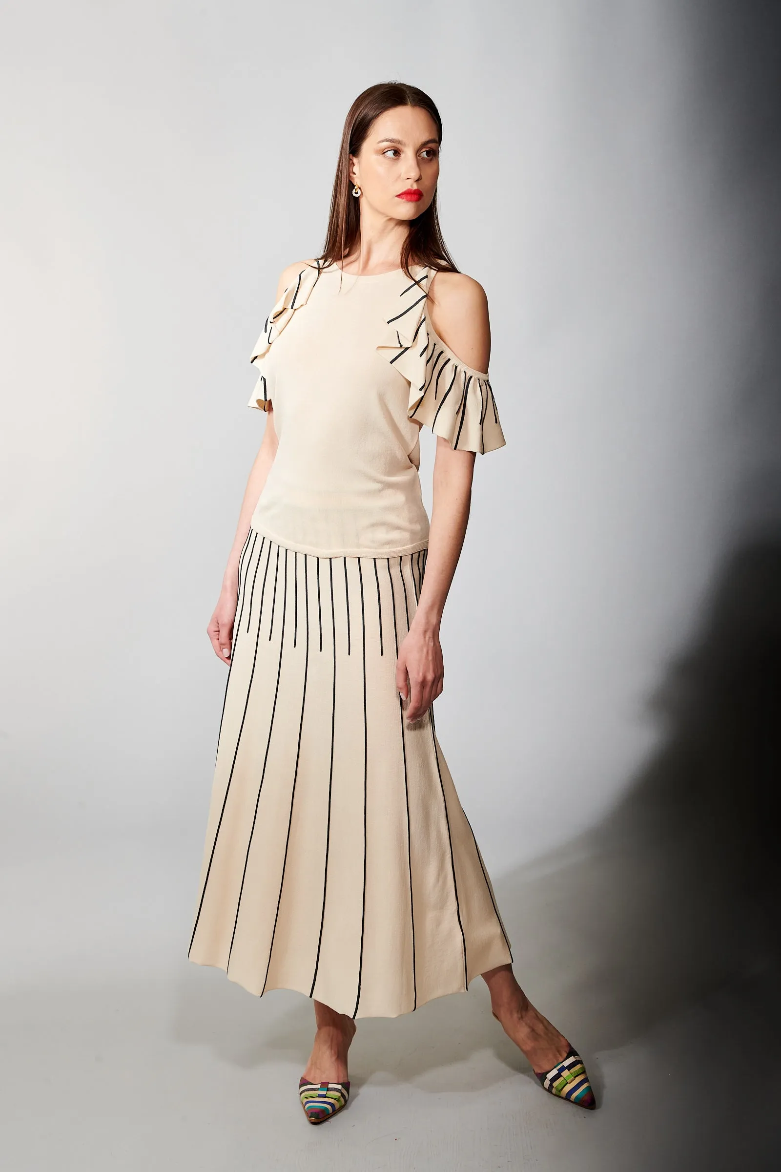 Aldo Martins, Sustainable Knit , Orus Ruffled Cold Shoulder Top in Eggshell