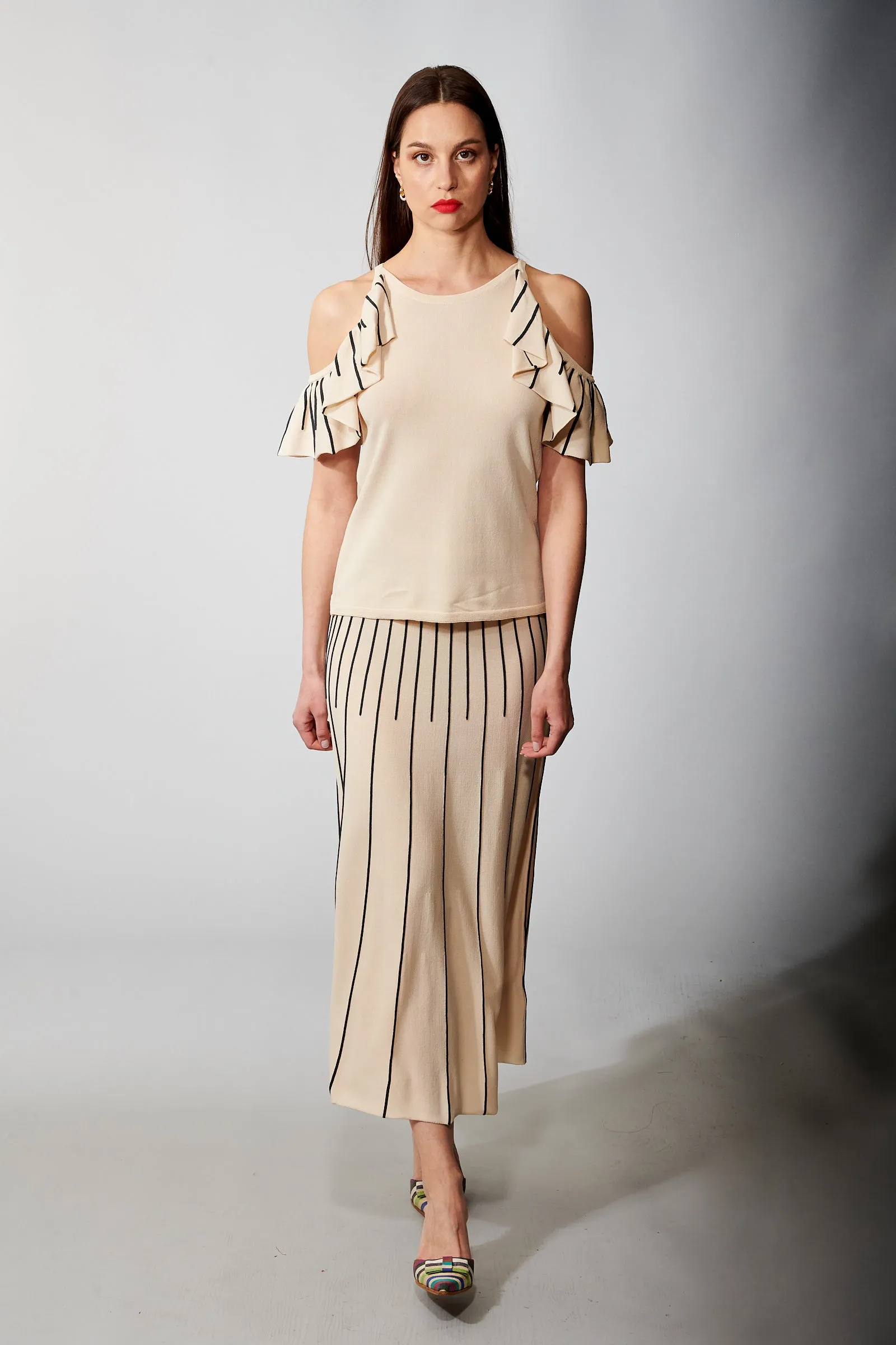 Aldo Martins, Sustainable Knit , Orus Ruffled Cold Shoulder Top in Eggshell